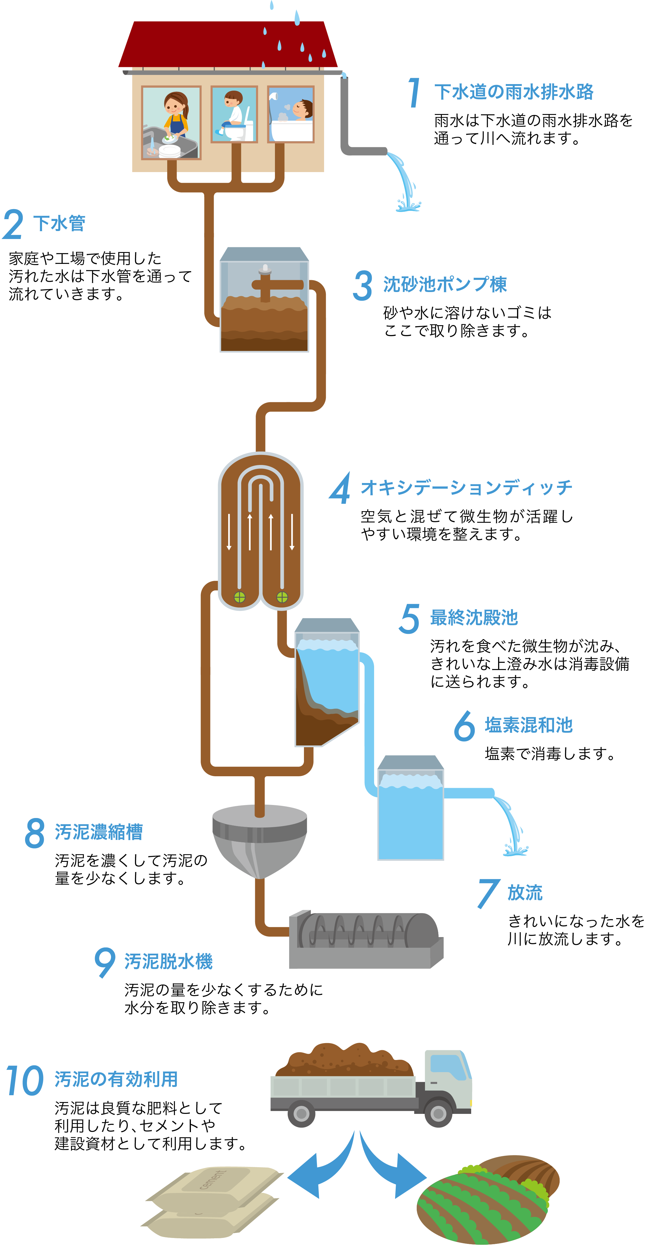 1.下水道の雨水排水路 雨水は下水道の雨水排水路を通って川へ流れます。2.下水管 家庭や工場で使用した汚れた水は下水管を通って流れていきます。3.沈砂池ポンプ棟 砂や水に溶けないゴミはここで取り除きます。4.オキシデーションディッチ 空気と混ぜて微生物が活躍しやすい環境を整えます。5.最終沈殿池 汚れを食べた微生物が沈み、きれいな上澄み水は消毒設備に送られます。6.塩素混和池 塩素で消毒します。7.放流 きれいになった水を川に放流します。8.汚泥濃縮槽 汚泥を濃くして汚泥の量を少なくします。9.汚泥脱水機 汚泥の量を少なくするために水分を取り除きます。 10.汚泥の有効利用 汚泥は良質な肥料として利用したり、セメントや建設資材として利用します。
